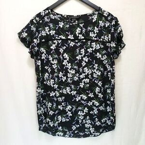 Banana Republic Womens Medium Black Floral Flutter Sleeve Top Blouse Lace Accent
